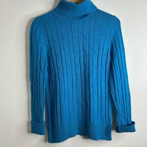 Vintage LL Bean Womens Blue Cable Knit Turtleneck Sweater Lambswool Blend Sz M
